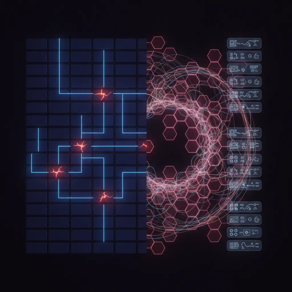 Split composition, left half a rigid indigo grid of trigger-action Zap blocks with three broken amber junctions and cold blue connectors, right half a dense weave of pink hexagonal agent nodes with amber and blue data threads reading and branching across seven stacked source-system panels