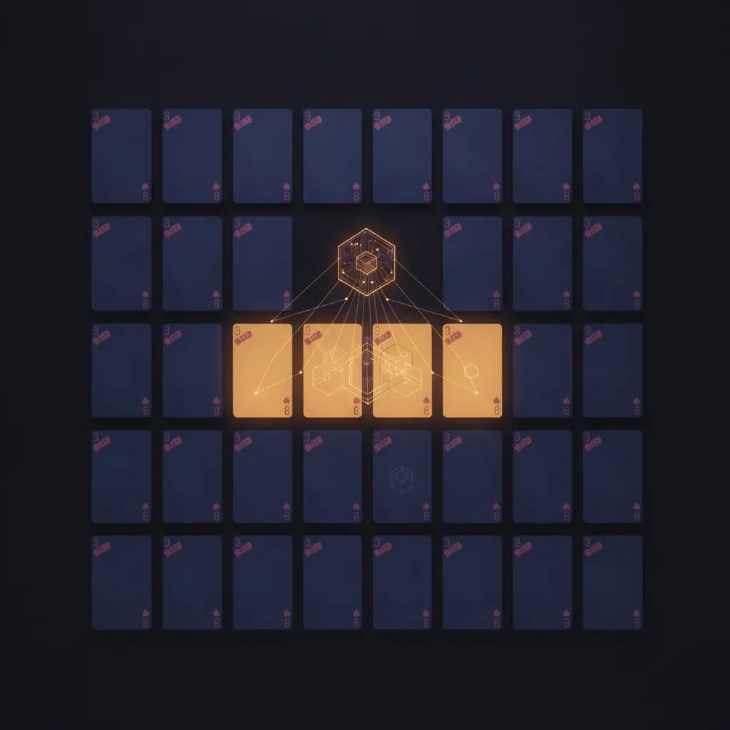 Cold indigo grid of 47 lost deal cards, six center cards glowing amber with interview transcript geometry threading to a hexagonal analysis node above, 41 dim cards fading into blue with pink Lost tags