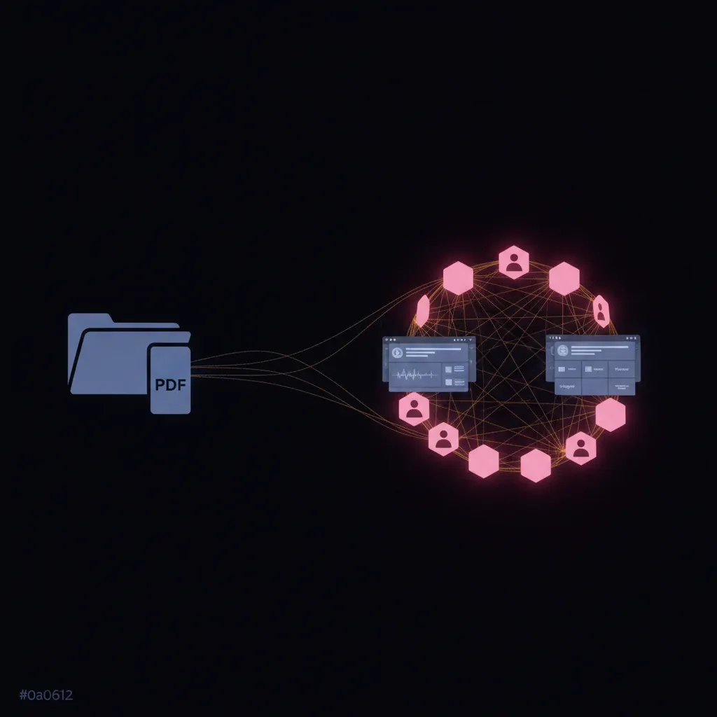 Left half a dim blue PDF folder tethered to a static indigo battlecard with cobwebbed threads trailing off, right half a bright pink hexagonal agent cluster weaving amber threads from call waveforms, CRM records, and pricing sheets into a halo of live battlecard tiles