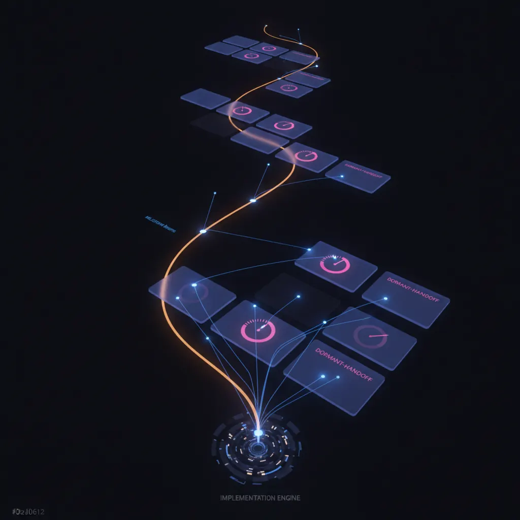 Grid of translucent indigo customer-account tiles arranged along an amber onboarding timeline, pink dormant-handoff gauges pulsing on stalled accounts, blue milestone beams routed from a central implementation engine, dark near-black backdrop