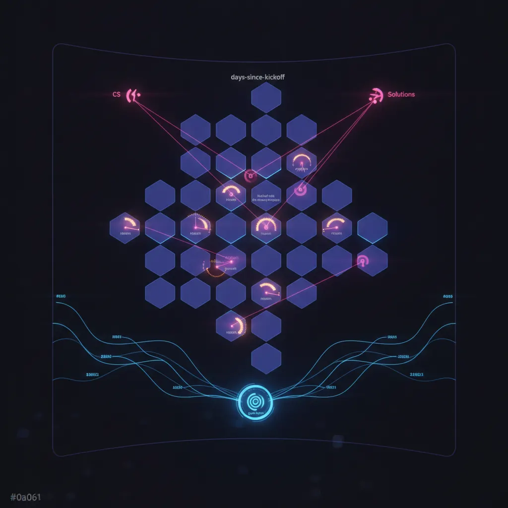Live implementation command lattice with indigo account tiles ranked by days-since-kickoff, amber kickoff-risk gauges on stalled projects, pink escalation beams routed to CS and solutions nodes, blue integration feeds arriving at a central go-live engine