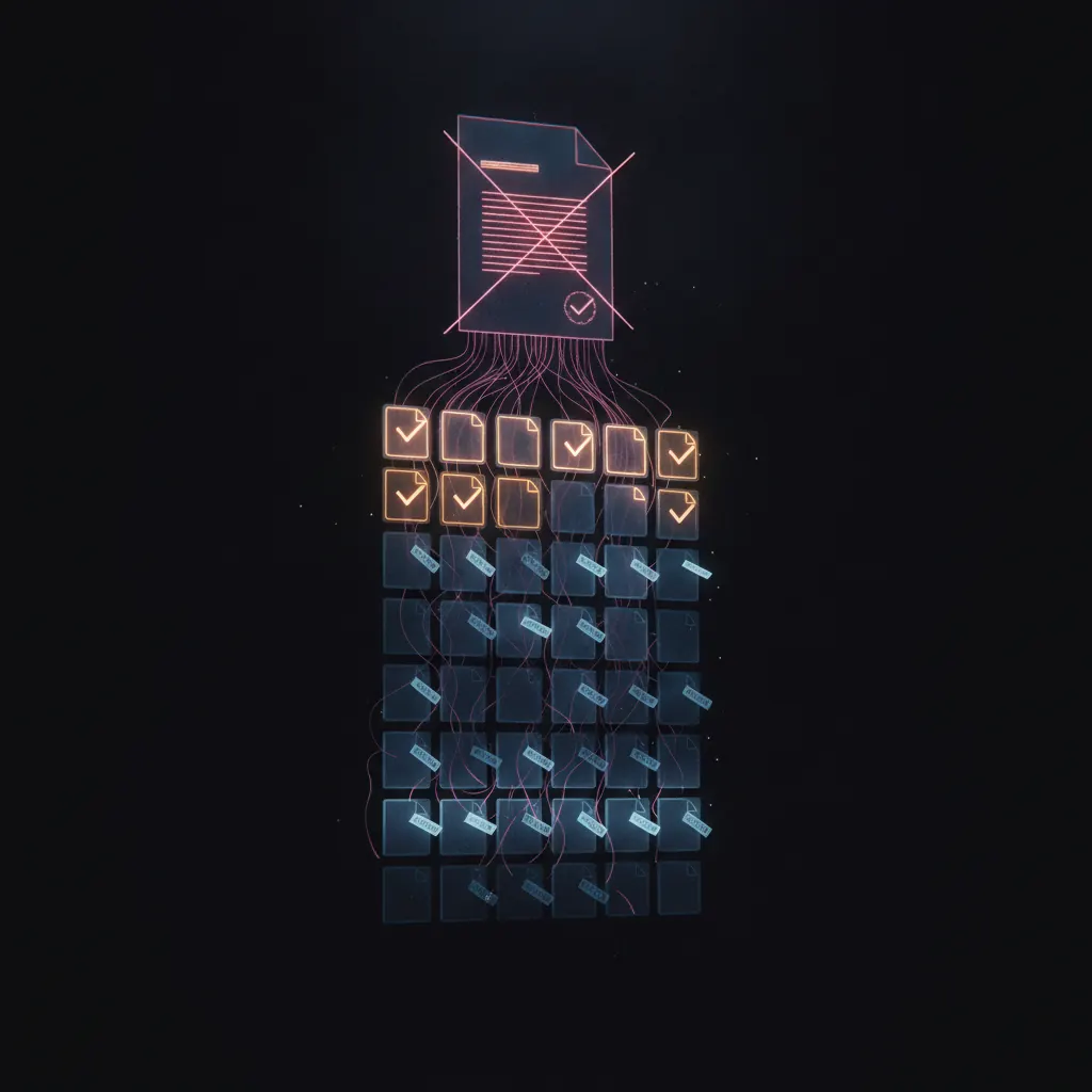 Stacked indigo questionnaire tiles with six amber at the top, 28 blue below with pending tags, pink deal-stall threads blocking a geometric enterprise contract above, dark near-black backdrop