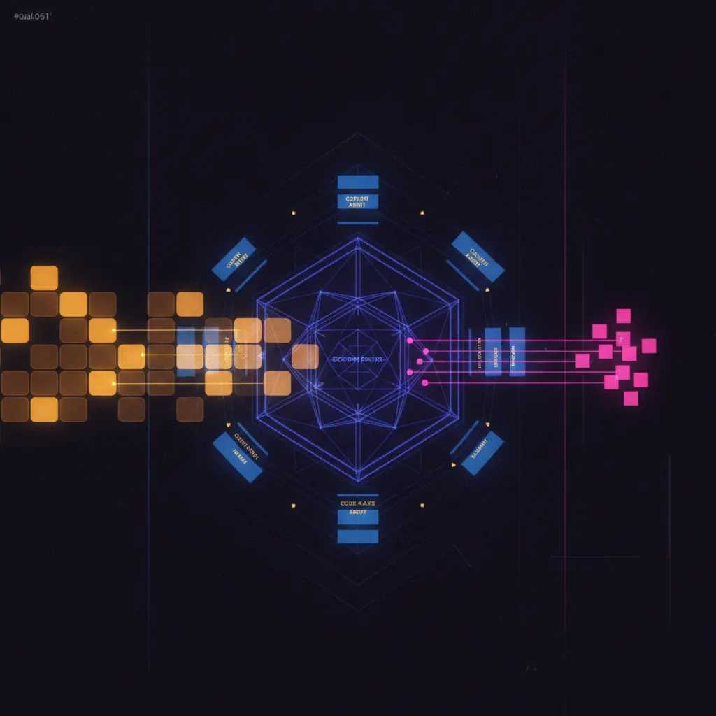 Central indigo scoring engine lattice with amber call tiles flowing in from a cohort grid, pink coaching beams routing to manager nodes, blue content assets re-tagged against close-rate signals, dark near-black backdrop