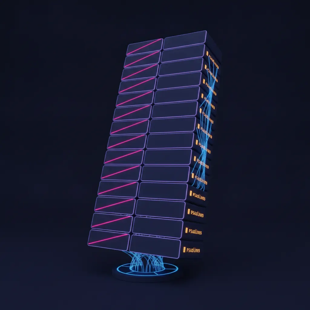 Towering indigo stack of contract tiles with pink redline streaks slicing through only the top eleven, amber deadline markers glowing along the right edge, blue clause-lattice threads routing from a central scoring engine, dark near-black backdrop
