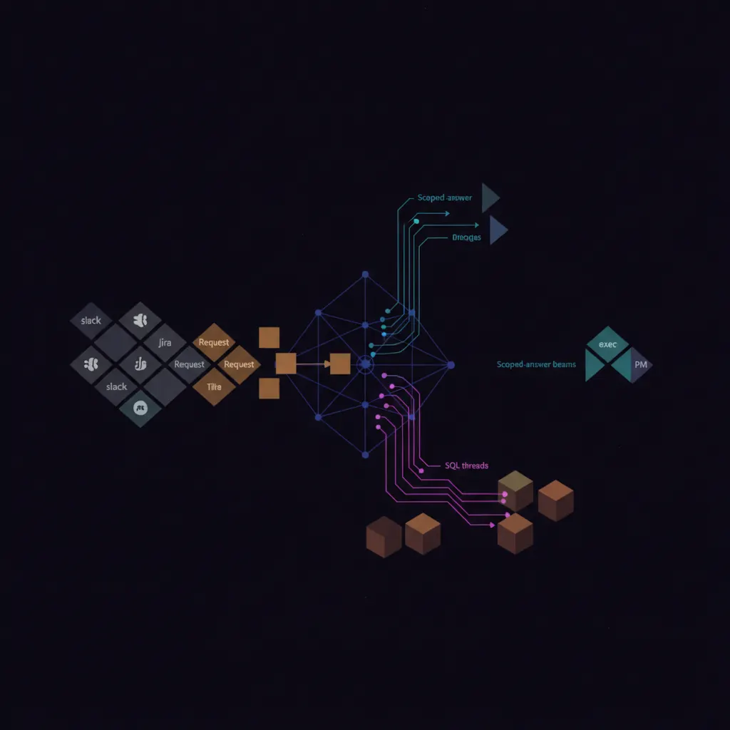 Central indigo query-routing lattice with amber request tiles flowing in from a Slack-and-Jira grid, pink SQL threads routing to warehouse table nodes, blue scoped-answer beams returning to exec and PM nodes, dark near-black backdrop
