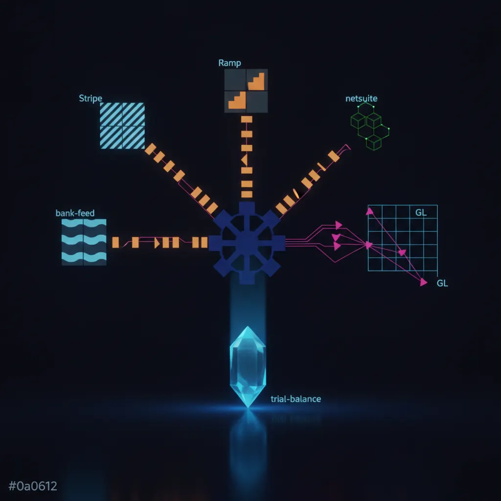 Central indigo reconciliation engine with amber journal-entry tiles flowing in from Stripe, Ramp, Netsuite, and bank-feed grids, pink variance-flag threads routing to a GL ledger lattice, blue tie-out beams returning to a clean trial-balance crystal, dark near-black backdrop