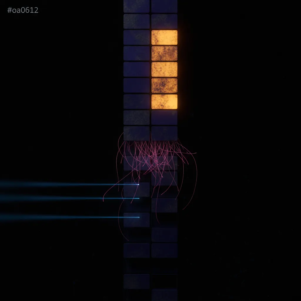 Towering indigo pipeline of candidate tiles with only six freshly lit near the top, dust-covered dim tiles stretching down, pink interview-slot threads dangling unattached, blue recruiter beams reaching empty tiles that fade into shadow, dark near-black backdrop