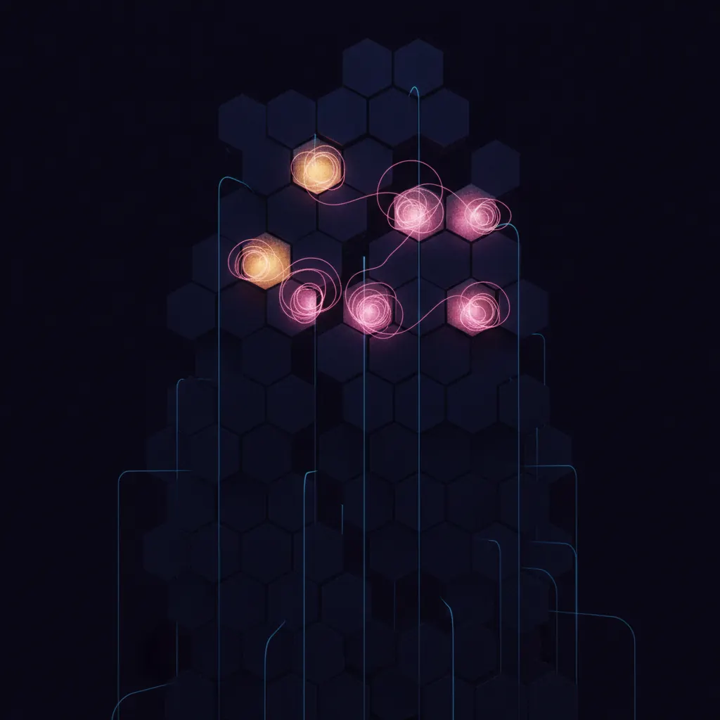 Towering indigo grid of 142 SaaS license tiles with only six freshly lit in amber near the top, pink auto-renewal threads looping back on themselves, blue procurement beams reaching the lit tiles while dim tiles stretch into shadow, dark near-black backdrop