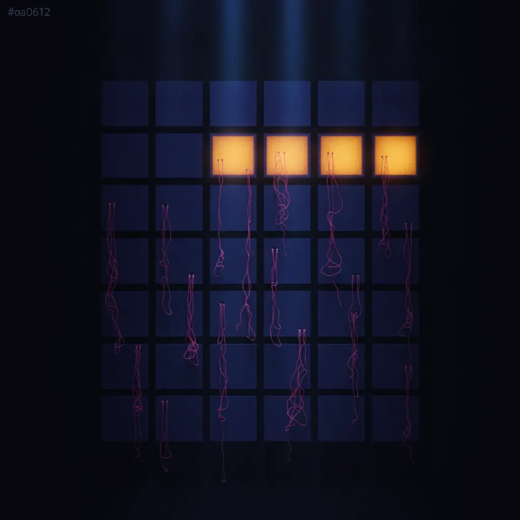Towering indigo marketing calendar grid with 42 campaign tiles, six brightly lit in amber near the top, 28 dim and dust-covered with broken pink UTM threads dangling unattached, blue attribution beams reaching only the lit tiles, dark near-black backdrop