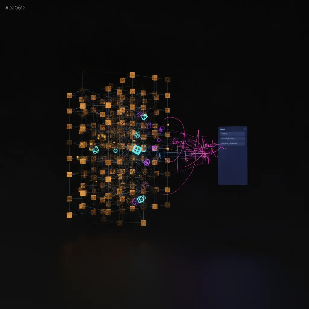 Isolated indigo chat sidebar panel glowing faintly, pink draft lines spilling into empty space, beside a towering amber and blue operating lattice of function tiles and cadence beams running on a scheduled grid, dark near-black backdrop