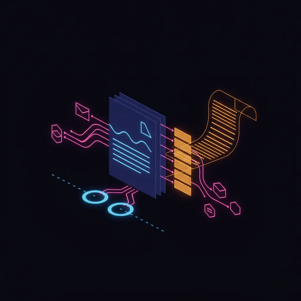 Central indigo reporting engine shaped like a layered working brief, amber narrative tiles stacking in a vertical timeline, pink exception routes branching to connected inboxes and ticket queues, blue cadence beams pulsing on scheduled intervals returning closed-loop markers, amber audit-trail ledger stretching into shadow, dark near-black backdrop