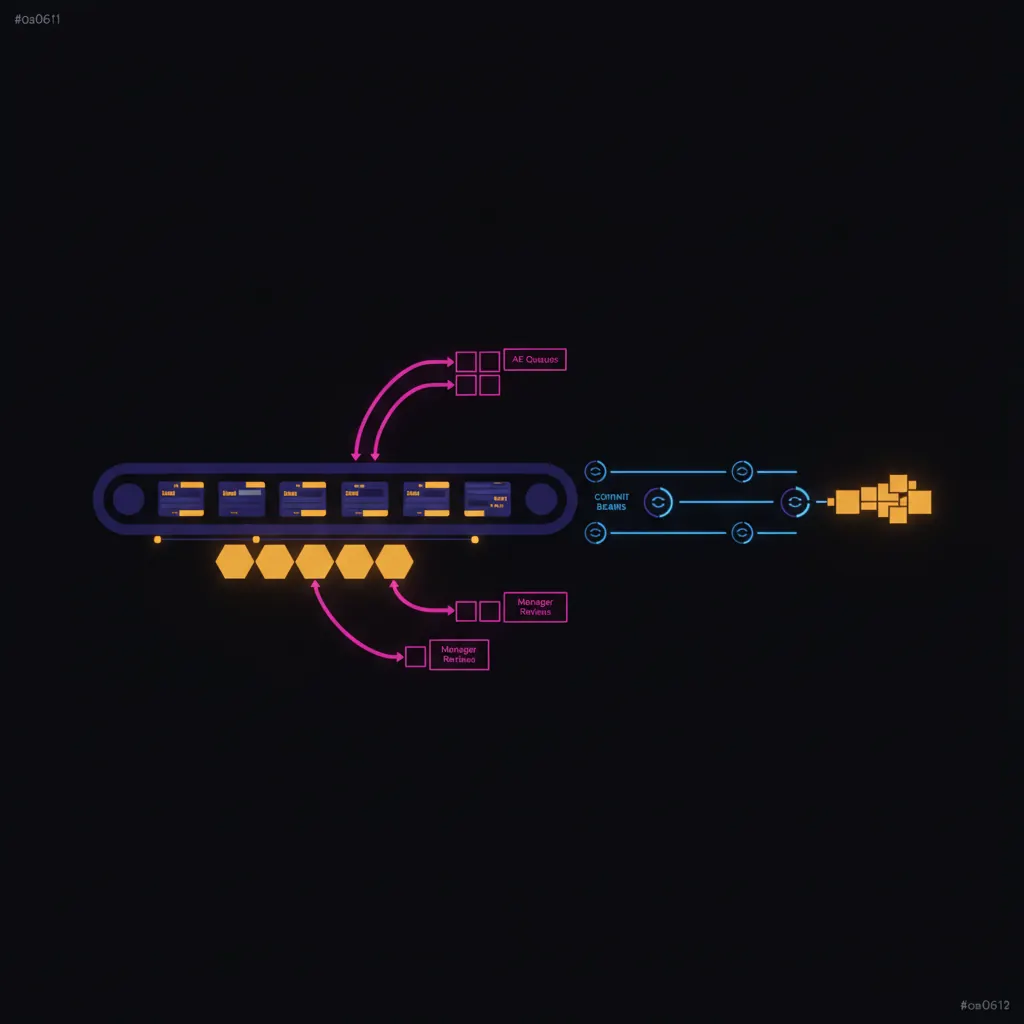 Central indigo pipeline engine shaped like a conveyor of stacked deal cards moving on cadence, amber stage tiles advancing on a horizontal timeline, pink exception routes branching to AE queues and manager reviews, blue commit beams pulsing on scheduled intervals returning closed-loop markers, amber forecast ledger extending into shadow, dark near-black backdrop