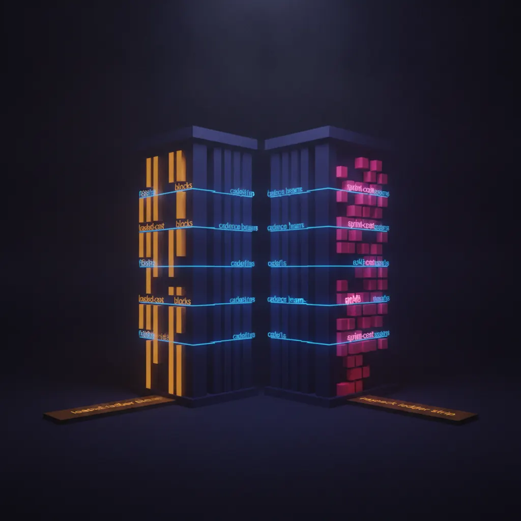 Central indigo ledger engine shaped like a stacked balance sheet with amber loaded-cost rows and pink sprint-cost rows side by side, blue cadence beams running horizontally through both columns on scheduled intervals, amber payback ledger extending into deep shadow, dark near-black backdrop