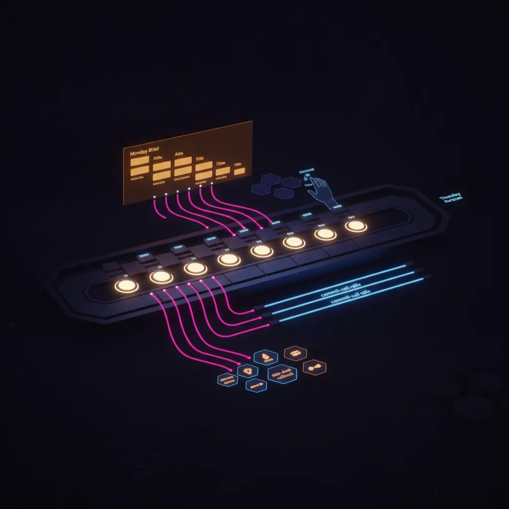 Central indigo revops engine shaped like a horizontal pipeline board with 240 glowing opportunity nodes flowing across stage gates, amber Monday brief panel hovering above with ranked ask tiles, pink exception routes branching to owner queues, blue commit-call rails extending into Thursday forecast shadow, indigo decision tiles sitting above the queue where the human operator works, dark near-black backdrop