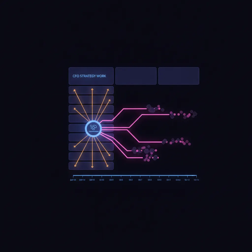 Isolated indigo finance close control panel glowing with 14 stacked business-day milestone tiles, amber variance beams rising from six resolved tiles that resolve to a signed trial balance node, pink exception rails branching from 42 open reconciling items that fade into shadow, blue cadence rails extending horizontally from day one to day fourteen markers, indigo decision tiles above the panel where CFO strategy work lives, dark near-black backdrop
